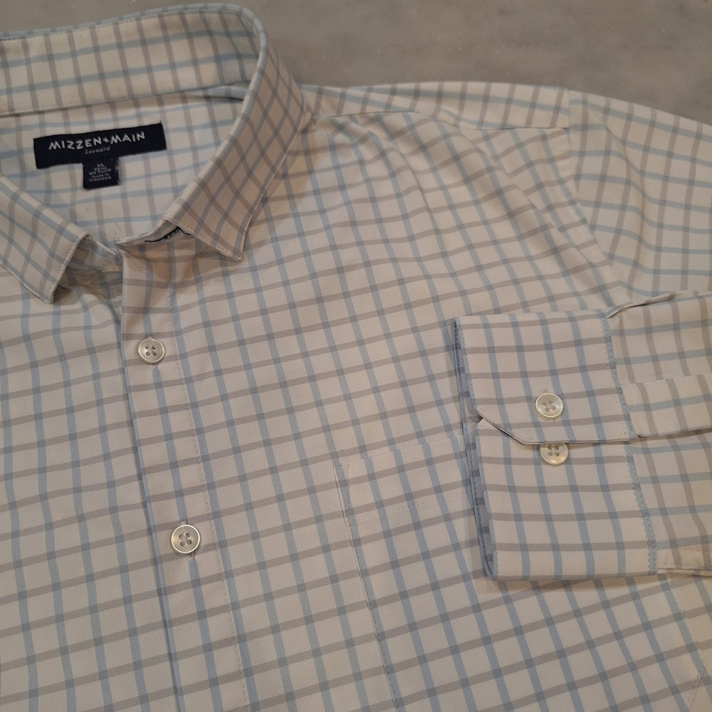 Mizzen + Main‎ Leeward Shirt Sz XL White Blue Trim Fit No Tuck Performance Check